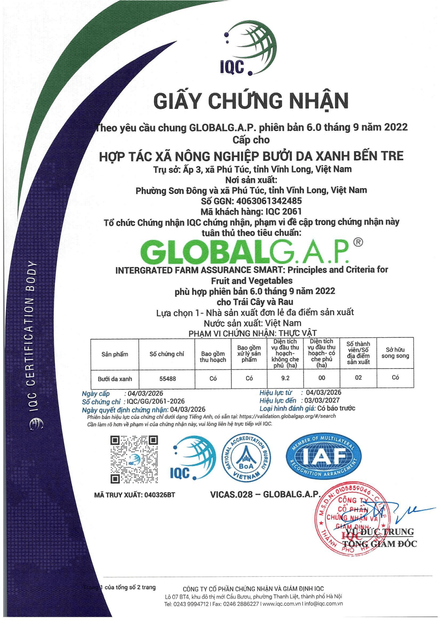 GLOBALG.A.P. certificate reference for Ben Tre Green Pomelo Cooperative