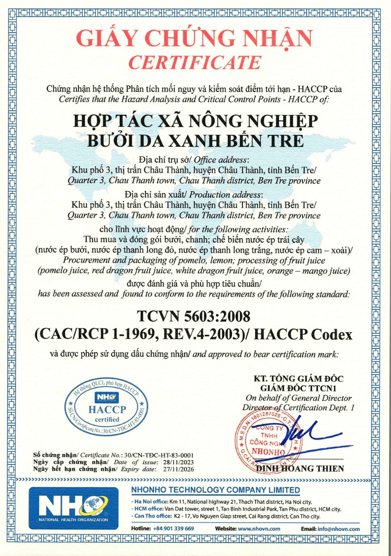 HACCP certificate reference for Ben Tre Green Pomelo Cooperative